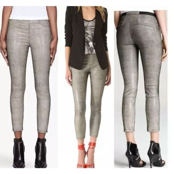 Helmut Lang Lambskin Leather Cream Black Leggings Carbon Rift Stretch Size 4 - Picture 4 of 8